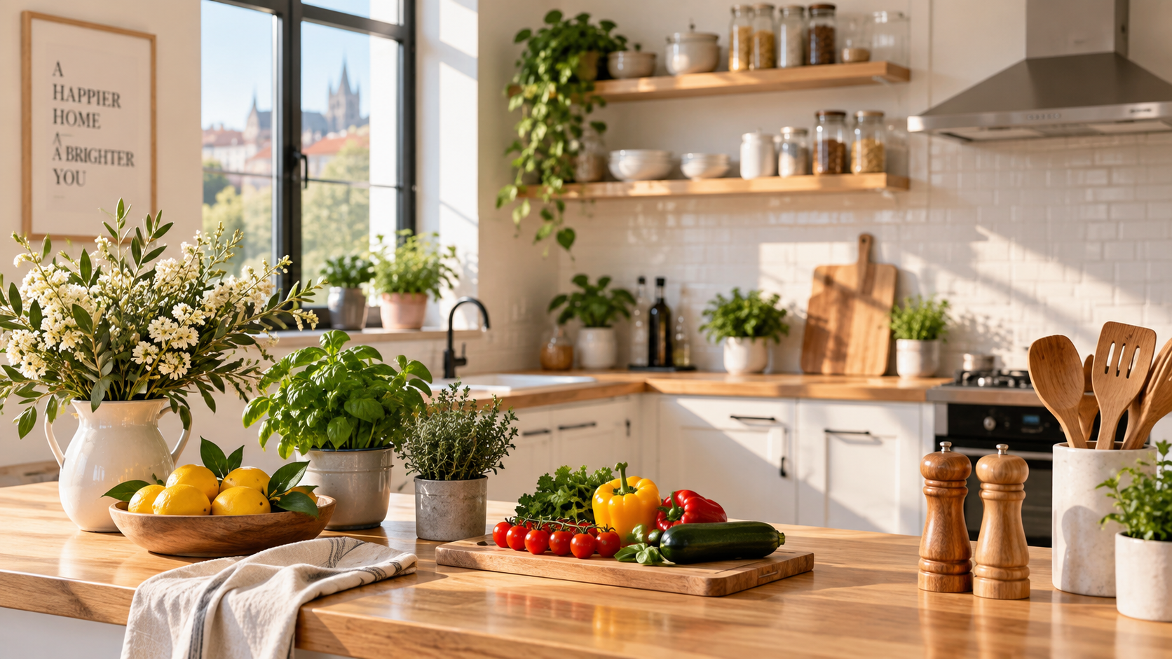 Bright and cozy modern kitchen with natural wood shelves and fresh ingredients